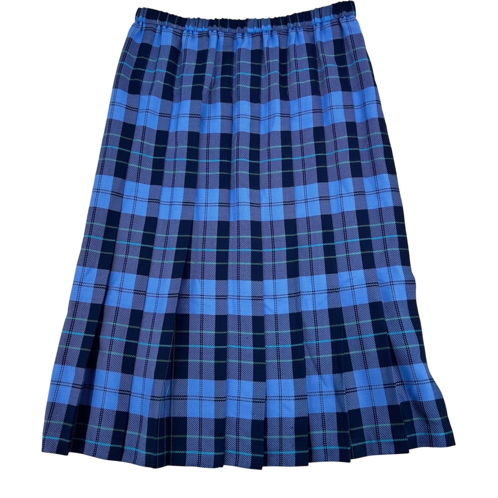 Vintage Plaid Pleated Midi Skirt Womens Size 14 Blue High Waist Preppy Academic